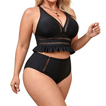 Plus Size Womens Deep V Neck Halter Ruffle Hem High Waist Two Piece Bikini Swimsuit Set