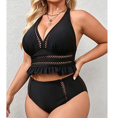 Plus Size Womens Deep V Neck Halter Ruffle Hem High Waist Two Piece Bikini Swimsuit Set
