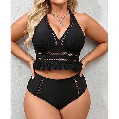 Plus Size Womens Deep V Neck Halter Ruffle Hem High Waist Two Piece Bikini Swimsuit Set