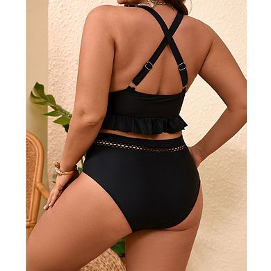 Plus Size Womens Deep V Neck Halter Ruffle Hem High Waist Two Piece Bikini Swimsuit Set