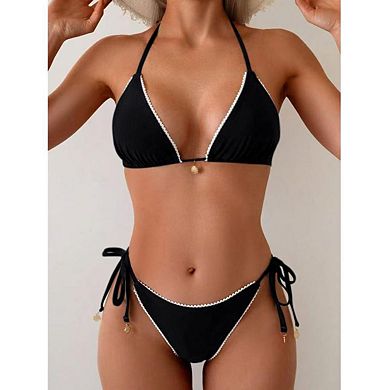 Women's Halter Front Back Tie Crochet Trim Side Tie Two Piece Bikini Swimsuit Set