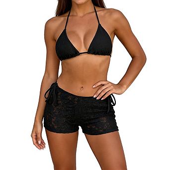 Women's Halter Tie Floral Lace 3 pc Bikini Swimsuit Set With Lace Cover Up Shorts