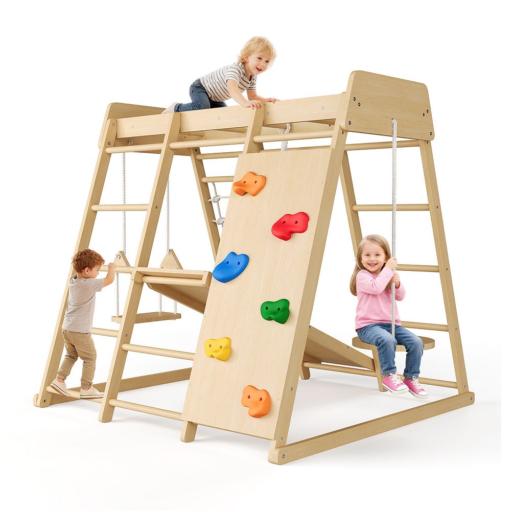 8-in-1 Natural Wooden Kids Jungle Gym Indoor Climbing Playset with