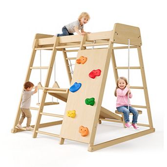 8-in-1 Natural Wooden Kids Jungle Gym Indoor Climbing Playset with Slide Swing