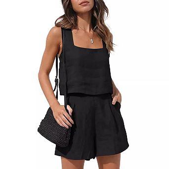 Womens Linen 2 pc Outfits Lounge Sets sleeveless Tank Tops High Waist Shorts Summer Vacation Set