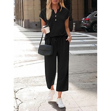 Women’s Henley Cap Sleeve Button Top & Drawstring Wide Leg Cropped Pants 2 Piece Casual Outfit Set