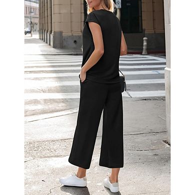 Women’s Henley Cap Sleeve Button Top & Drawstring Wide Leg Cropped Pants 2 Piece Casual Outfit Set