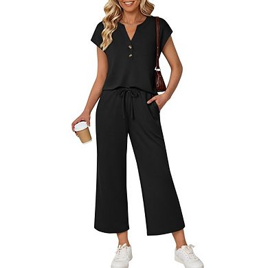 Women’s Henley Cap Sleeve Button Top & Drawstring Wide Leg Cropped Pants 2 Piece Casual Outfit Set