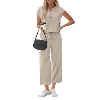 Women’s Henley Cap Sleeve Button Top & Drawstring Wide Leg Cropped Pants 2 pc Casual Outfit Set