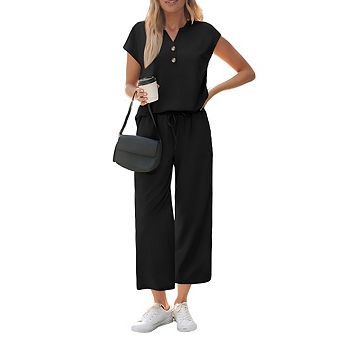 Women’s Henley Cap Sleeve Button Top & Drawstring Wide Leg Cropped Pants 2 pc Casual Outfit Set