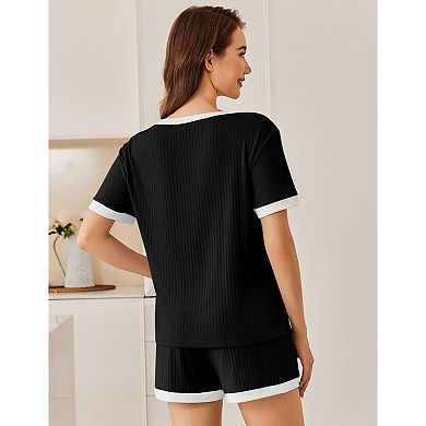 Women’s Vertical Ribbed Short Sleeve Top & Drawstring Pocket Shorts 2-Piece Casual Loungewear Set