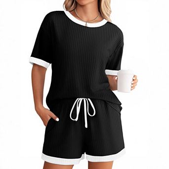 Women’s Vertical Ribbed Short Sleeve Top & Drawstring Pocket Shorts 2 pc Casual Loungewear Set