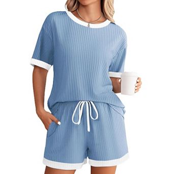 Women’s Vertical Ribbed Short Sleeve Top & Drawstring Pocket Shorts 2 pc Casual Loungewear Set