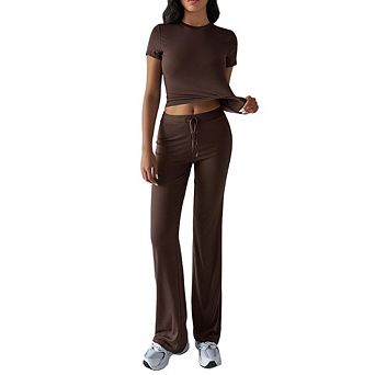 Women’s 2 pc Outfits Short Sleeve Crop Top High Waist Flared Pants Tracksuit Loungewear Set