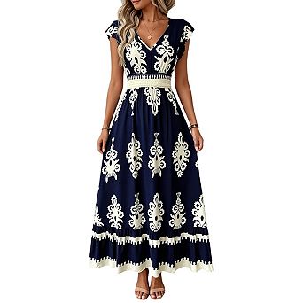 Womens Summer Casual V Neck Boho Maxi Dress Flowy Aline Bell Sleeve Tiered Floral Dresses