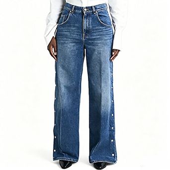 Women's High Waist Wide Leg Jeans, Side Snap Split Hem Casual Denim Trousers