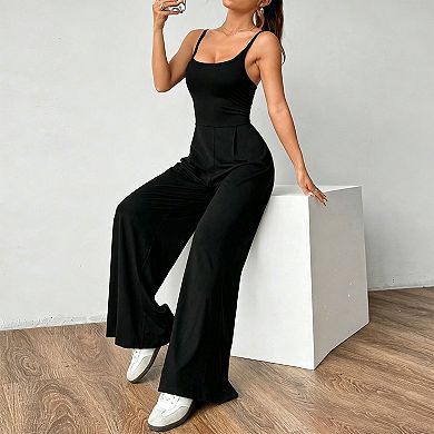 Women's Spaghetti Strap Jumpsuit, Cutout Back Wide Leg Casual Knit Romper