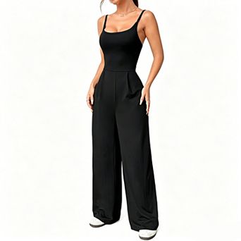 Women's Spaghetti Strap Jumpsuit, Cutout Back Wide Leg Casual Knit Romper