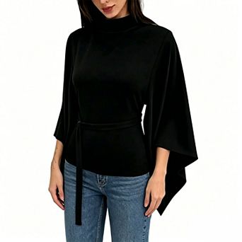 Women's Mock Neck Kimono Sleeve Top, Self Tie Waist Belted Knit Blouse