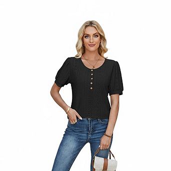 Women's V Neck Eyelet Embroidery Short Sleeve Top Puff Sleeve Casual Daily Blouse