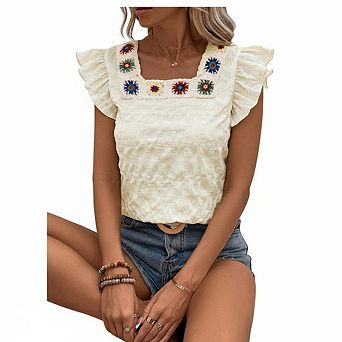 Women's Short Sleeve Ruffle Trim Top Square Neck Embroidery Detail Casual Daily Wear Blouse