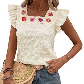Women's Short Sleeve Ruffle Trim Top Square Neck Embroidery Detail Casual Daily Wear Blouse