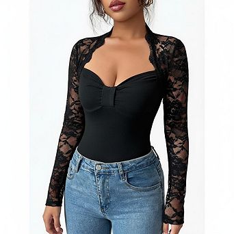 Women's Lace Long Sleeve Bodysuit Top Square Neck Fitted Casual Daily Wear