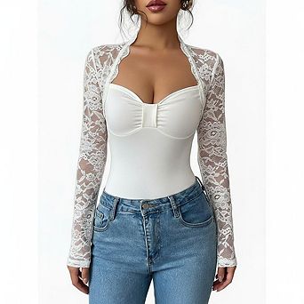 Women Lace Bodysuit Long Sleeve Square Neck Sheer Floral Lace