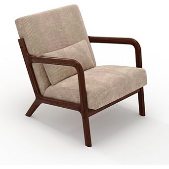 Mid-Century Corduroy Accent Chair, Wood Frame Lounge Armchair with Lumbar Pillow