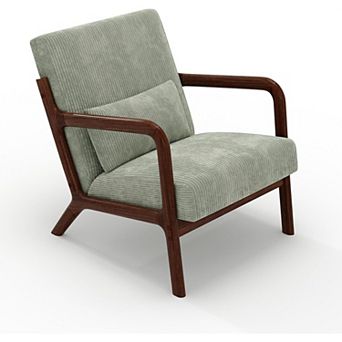 Mid-Century Corduroy Accent Chair, Wood Frame Lounge Armchair with Lumbar Pillow