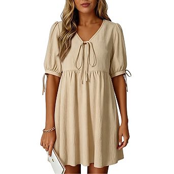 Womens Summer Casual V Neck Bow Tie Short Sleeve High Waist A-Line Mini Babydoll Dress