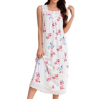Women Sleeveless Summer Nightgown Lace Trim Long Night Dress Loose Casual Sleepwear