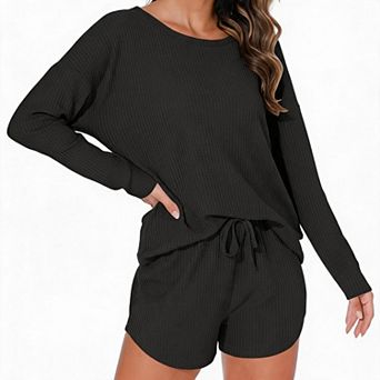 Women Waffle Knit Lounge Set Long Sleeve Top & Drawstring Pocket Shorts Casual Loungewear