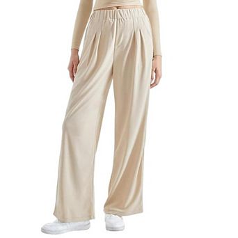 Women High Waist Pleated Wide Leg Pants Elastic Waist Casual Straight Lounge Pants