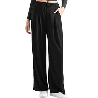 Women High Waist Pleated Wide Leg Pants Elastic Waist Casual Straight Lounge Pants