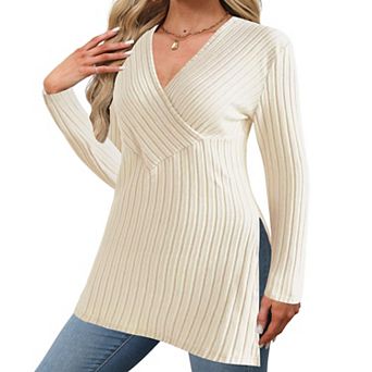Women Cross Wrap V Neck Long Sleeve Tunic Top Ribbed Knit Side Split Casual Loose Top