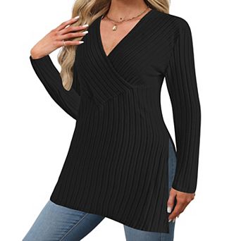 Women Cross Wrap V Neck Long Sleeve Tunic Top Ribbed Knit Side Split Casual Loose Top