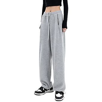 Women Drawstring Elastic Waist Wide Leg Pants Loose Straight Leg Casual Lounge Pants with Pockets