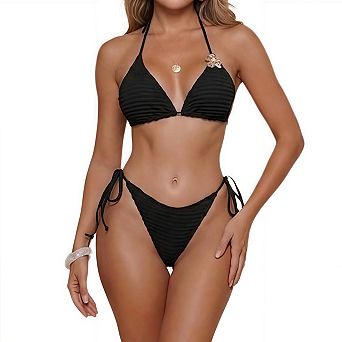 Ribbed 2 pc Bikini Sets for Women Halter Triangle Swimsuits High Cut String Thong Bathing Suit