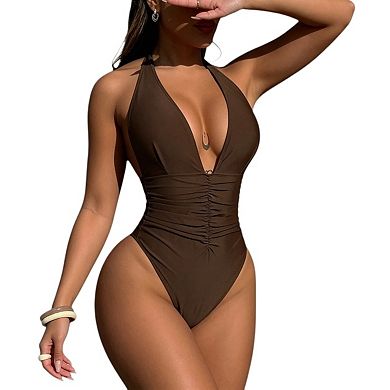 Women V Neck One Piece Swimsuit Halter Backless Ruched Tummy Control Bathing Suit