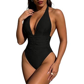 Women V Neck One Piece Swimsuit Halter Backless Ruched Tummy Control Bathing Suit