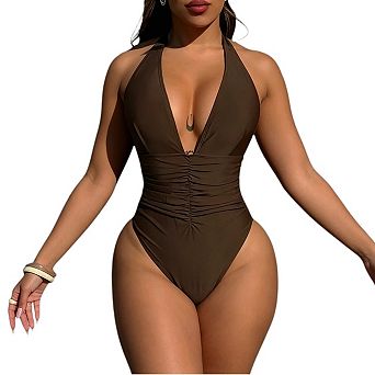 Women V Neck One Piece Swimsuit Halter Backless Ruched Tummy Control Bathing Suit