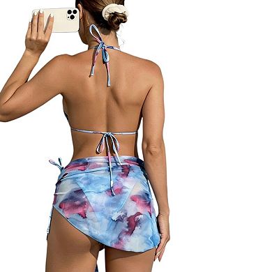 Women's 3 Piece Tie Dye Floral Bikini Sets with Wrap Coverup Halter Triangle Swimsuits