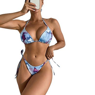 Women's 3 Piece Tie Dye Floral Bikini Sets with Wrap Coverup Halter Triangle Swimsuits