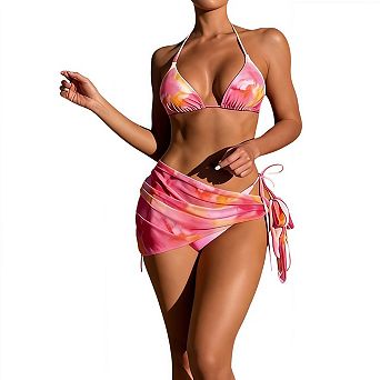 Women's 3 pc Tie Dye Floral Bikini Sets with Wrap Coverup Halter Triangle Swimsuits