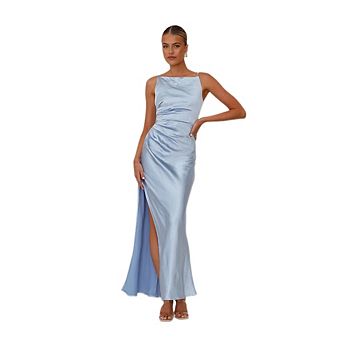 Womens Summer Satin Maxi Dresses Ruched Formal Wedding Guest Bridesmaid Slip Dress with Side Slit