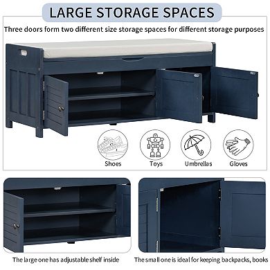 Multifunctional Shoe Bench With Removable Cushion 3 Shutter-shaped Doors Large Storage Space