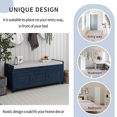 Multifunctional Shoe Bench With Removable Cushion 3 Shutter-shaped Doors Large Storage Space