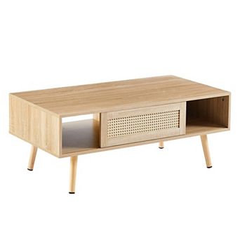 Boho Coffee Table, 41.3 Inch Modern Coffee Table Rectangle Wood Coffee Table with Sliding Door