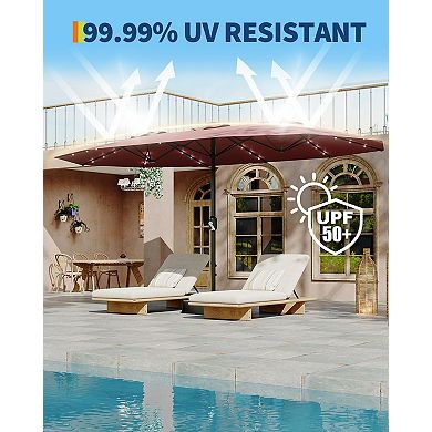 15FT Large Double-Sided Outdoor Patio Umbrella, Solar LED Lighting with Weighted Base